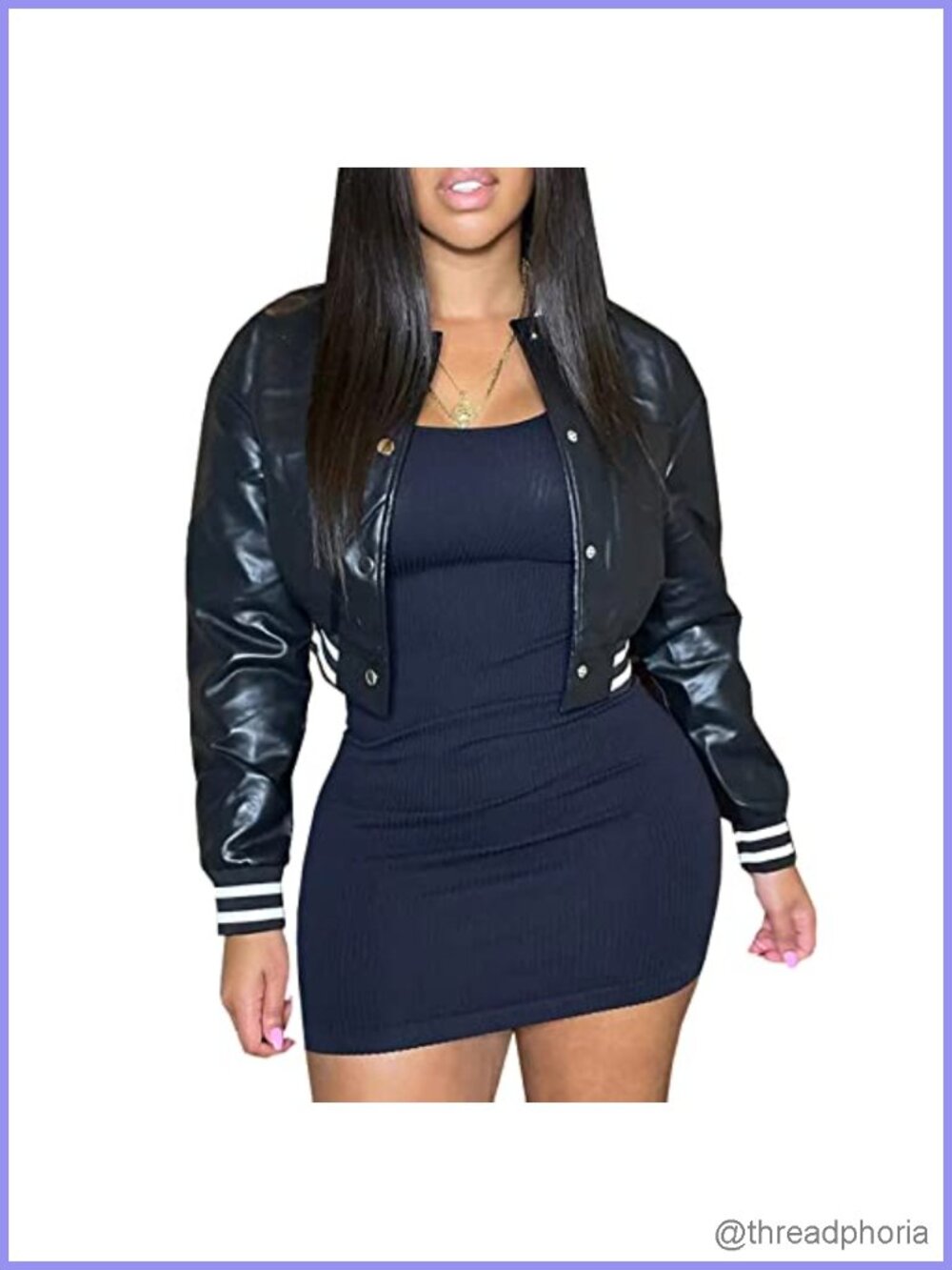 Faux Leather Cropped Varsity Bomber Jacket Snap Button Casual